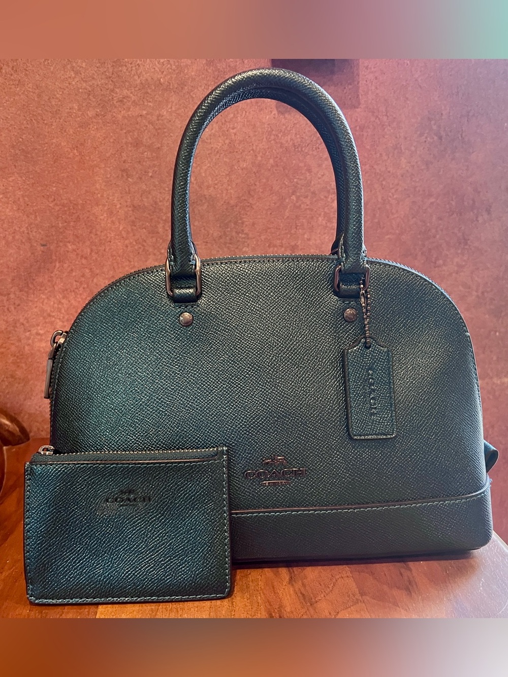 COACH Metallic Teal Sierra Satchel Bag and Matching Card Case